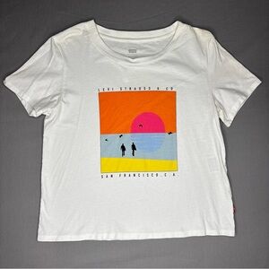 Levis California Sunset White Short Sleeve Crop Medium M T Shirt Womens Pop art